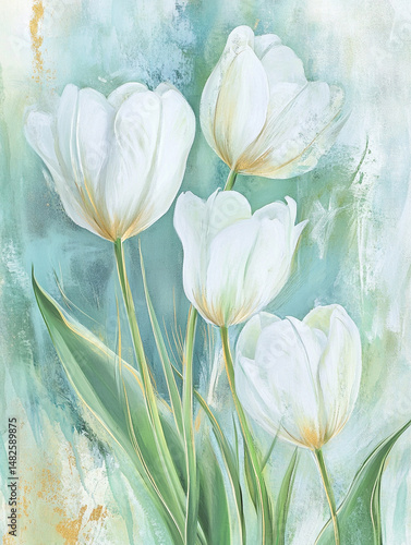 Białe tulipany na jasnym zielonym pastelowym tle, tło dla projektu, karta, generative ai  © Elżbieta Kaps