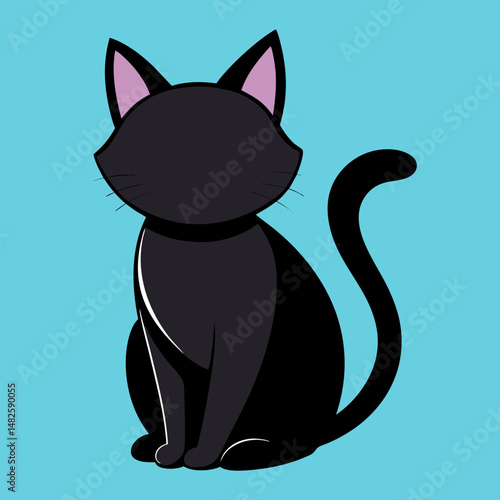 Stylized black cat sitting upright on a light blue background graphic