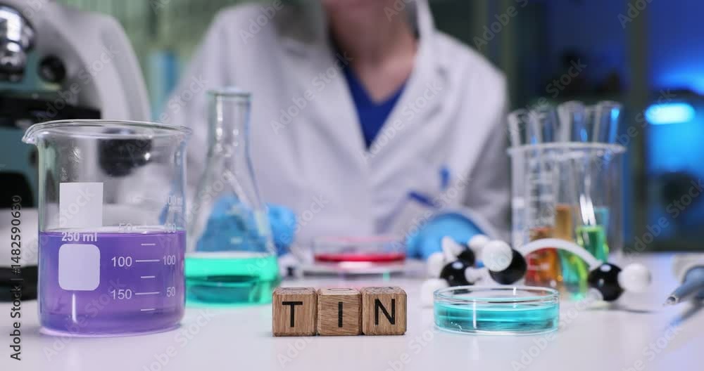 A vibrant lab scene that showcases a variety of chemicals and materials associated with the element tin A vibrant lab scene that showcases a variety of chemicals and materials associated with the element tin