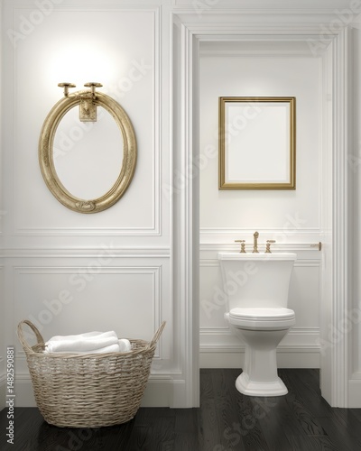 Empty vertical frame for wall art mock up. The modern bathroom features a sleek white porcelain toilet with gold accents, adding a touch of luxury to the space