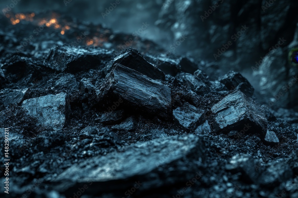 Fototapeta premium Ultra-realistic close-up of rugged black coal piles, industrial texture background with depth, dark natural material for energy and heavy industry themes