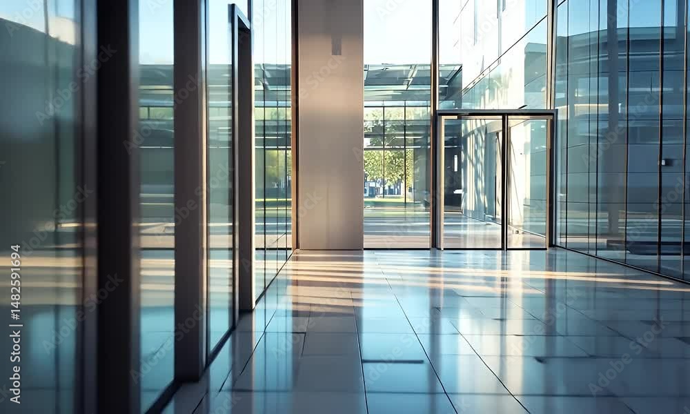 Bright And Modern Office Hallway With Glass Walls And Sunlight Creating Shadows On White Tiled Floor Bright And Modern Office Hallway With Glass Walls And Sunlight Creating Shadows On White Tiled Floor