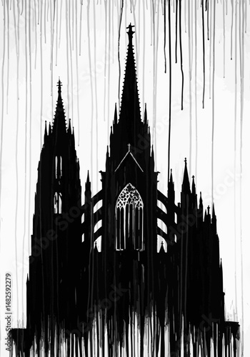 Artistic representation of a gothic cathedral silhouette in black ink, conveying dramatic and solemn emotions with vertical ink drippings.
