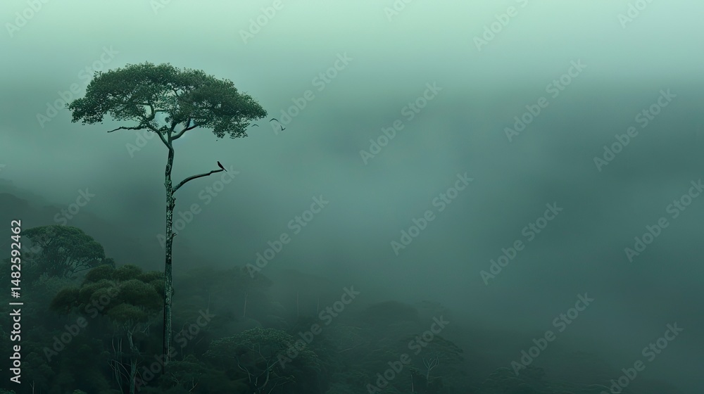 Obraz premium Misty forest scene with lone tree and bird