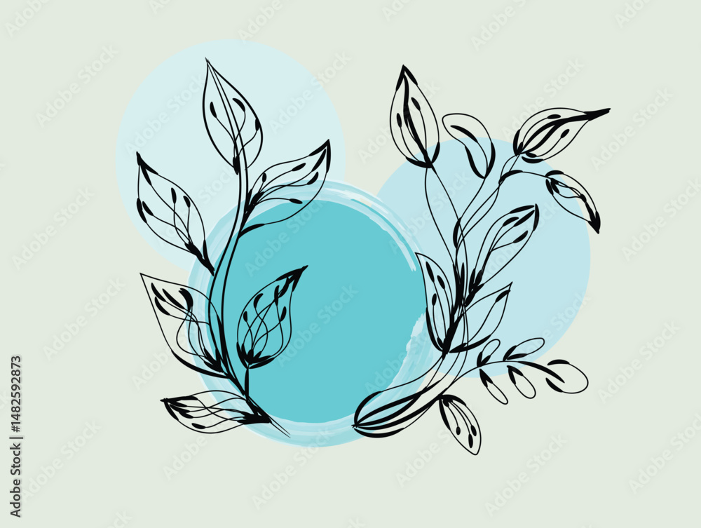 Fototapeta premium Elegant Black Line Art Botanical Illustration with Teal Watercolor Circles