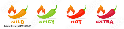 Spicy chili pepper level indicator. Spicy food level labels mild, medium or hot sauce. Hot pepper scale with fire. Vector illustration.