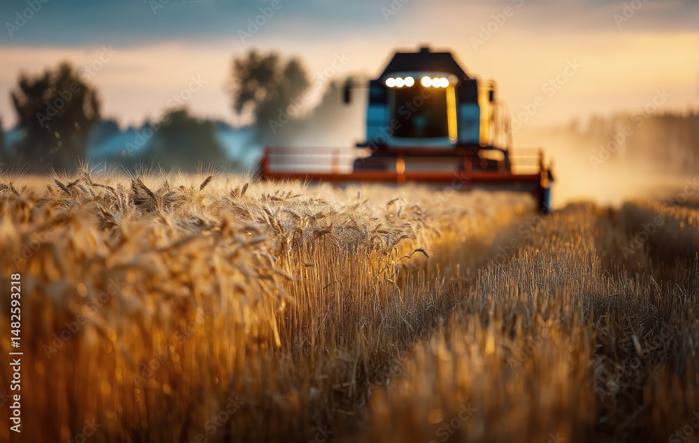 Fototapeta premium Harvesting Wheat at Sunset in a Rural Farmland Setting