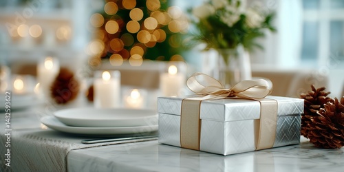 Elegant Gift Box on a Festive Dining Table With Soft Lighting During a Holida...