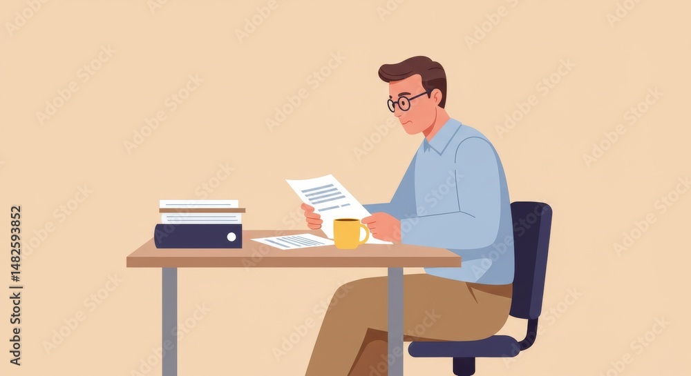 Focused Man Reviewing Documents at Desk in Office Setting Focused Man Reviewing Documents at Desk in Office Setting