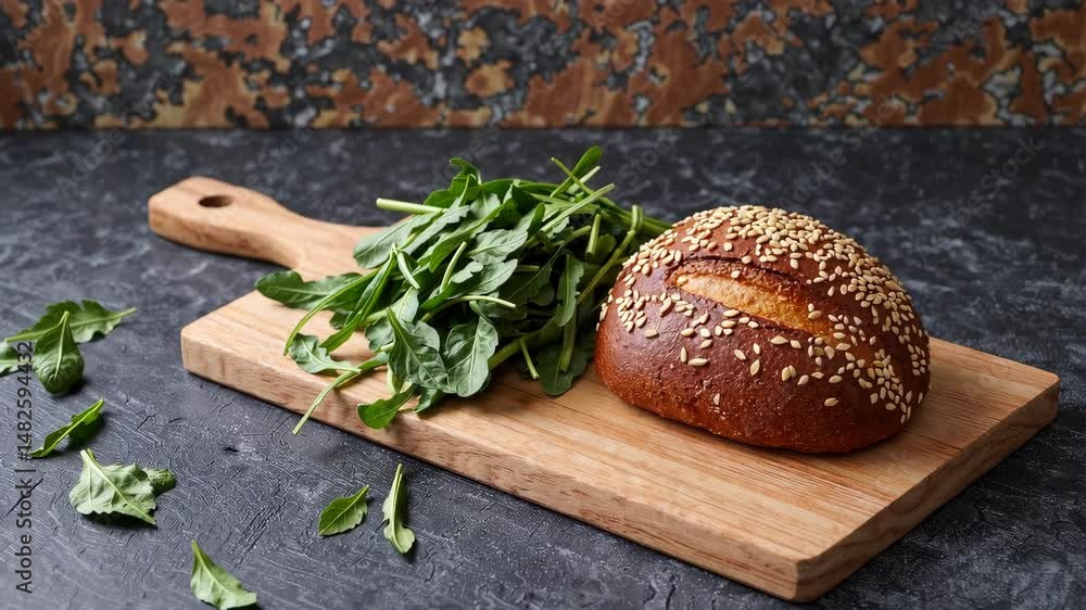Whole grain bun with sesame seeds and fresh arugula on wooden cutting board, healthy organic food loop animation with natural rustic setting Whole grain bun with sesame seeds and fresh arugula on wooden cutting board, healthy organic food loop animation with natural rustic setting