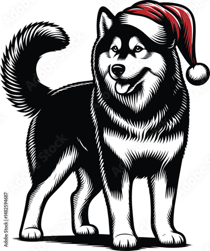 Siberian Husky Wearing Santa Hat Head – Christmas Vector Illustration