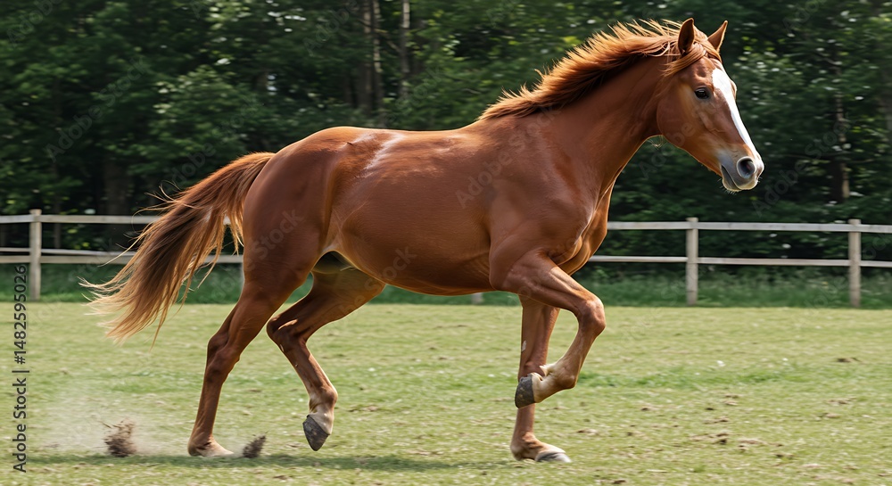Fototapeta premium Chestnut Horse Galloping, Summer Pasture Freedom