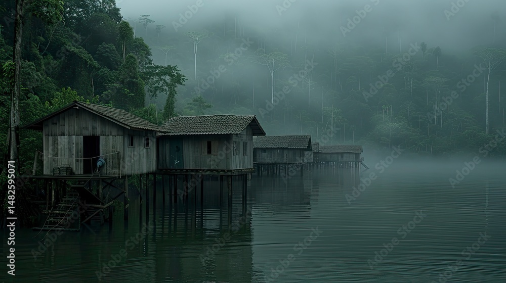 Fototapeta premium Misty river scene with wooden stilt houses