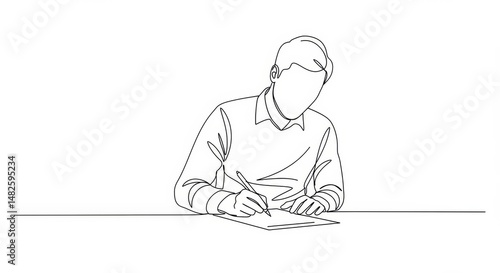 Single Line Drawing of a Person Concentratedly Writing at a Desk