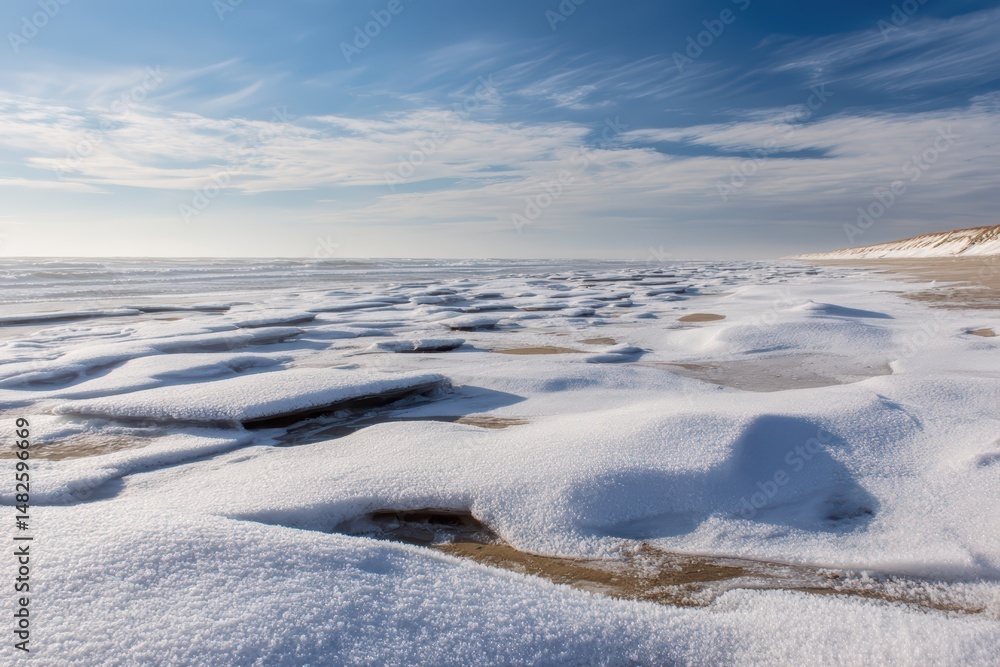 Obraz premium Snow - Covered Beach with Icy Patches and Choppy Ocean Waves.
