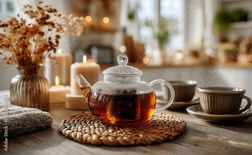 Warm Tea Setting With a Teapot, Cup, and Flowers in a Cozy Kitchen During the...