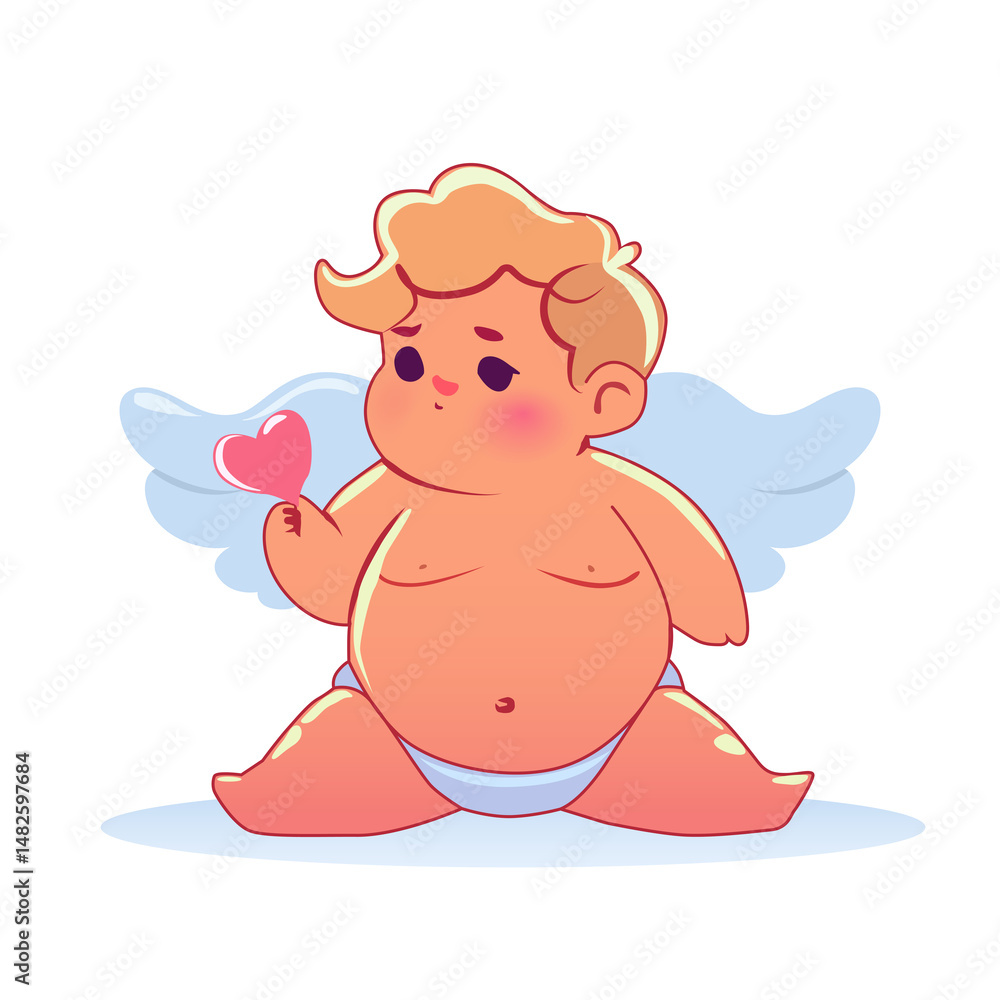 Cute Plump Cupid Sitting with Heart – Flat Vector Angel Illustration for Valentine’s Day and Love Themes Cute Plump Cupid Sitting with Heart – Flat Vector Angel Illustration for Valentine’s Day and Love Themes