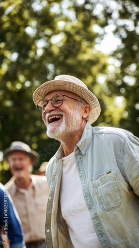 Joyful older man laughs while socializing outdoors with friends during a sunny daytime gathering in a park