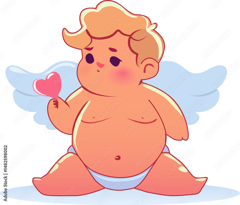 Fototapeta premium Cute Plump Cupid Sitting with Heart – Flat Vector Angel Illustration for Valentine’s Day and Love Themes