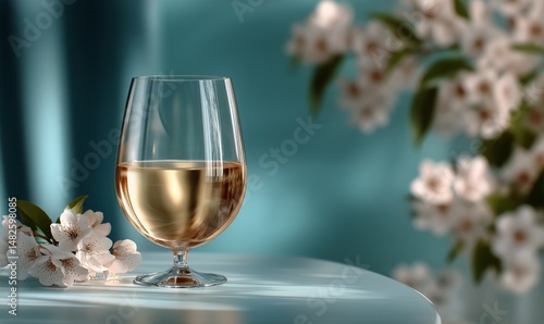 Elegant White Wine Glass Beside Blooming Flowers on a Table in a Serene Setting