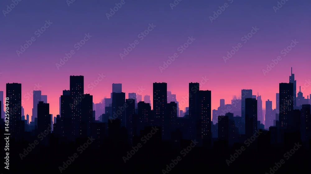 Fototapeta premium City skyline silhouettes at dawn with tall buildings and skyscrapers in black and white, soft pastel pink, orange, purple, and blue sky creating tranquil modern urban sunrise atmosphere.