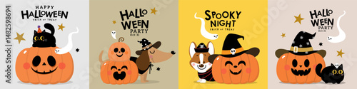 Happy halloween party invitation card with cute dachshund puppy wear witch hat, corgi dog in fancy costume, black cat, ghost and spooky pumpkin. Animals holidays cartoon character. -Vector 