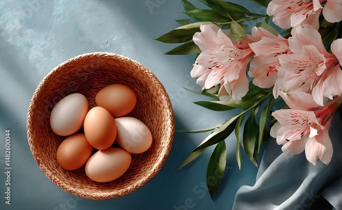 Fresh Eggs in a Woven Basket Beside Blooming Flowers on a Kitchen Table