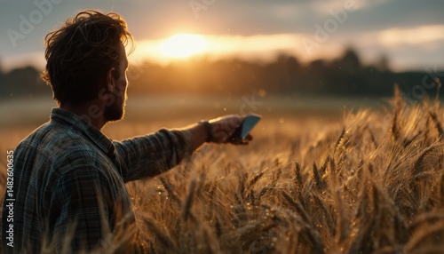 Man in a Wheat Field Uses Smartphone at Sunset, Enjoying Nature and Technology