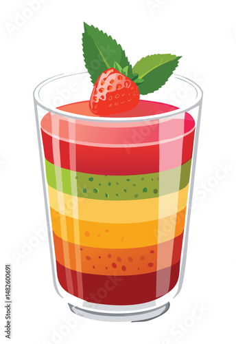 Layered pudding with strawberry topping - vector illustration