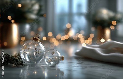 Elegant Glass Ornament Reflecting Warm Holiday Lights on a Marble Surface