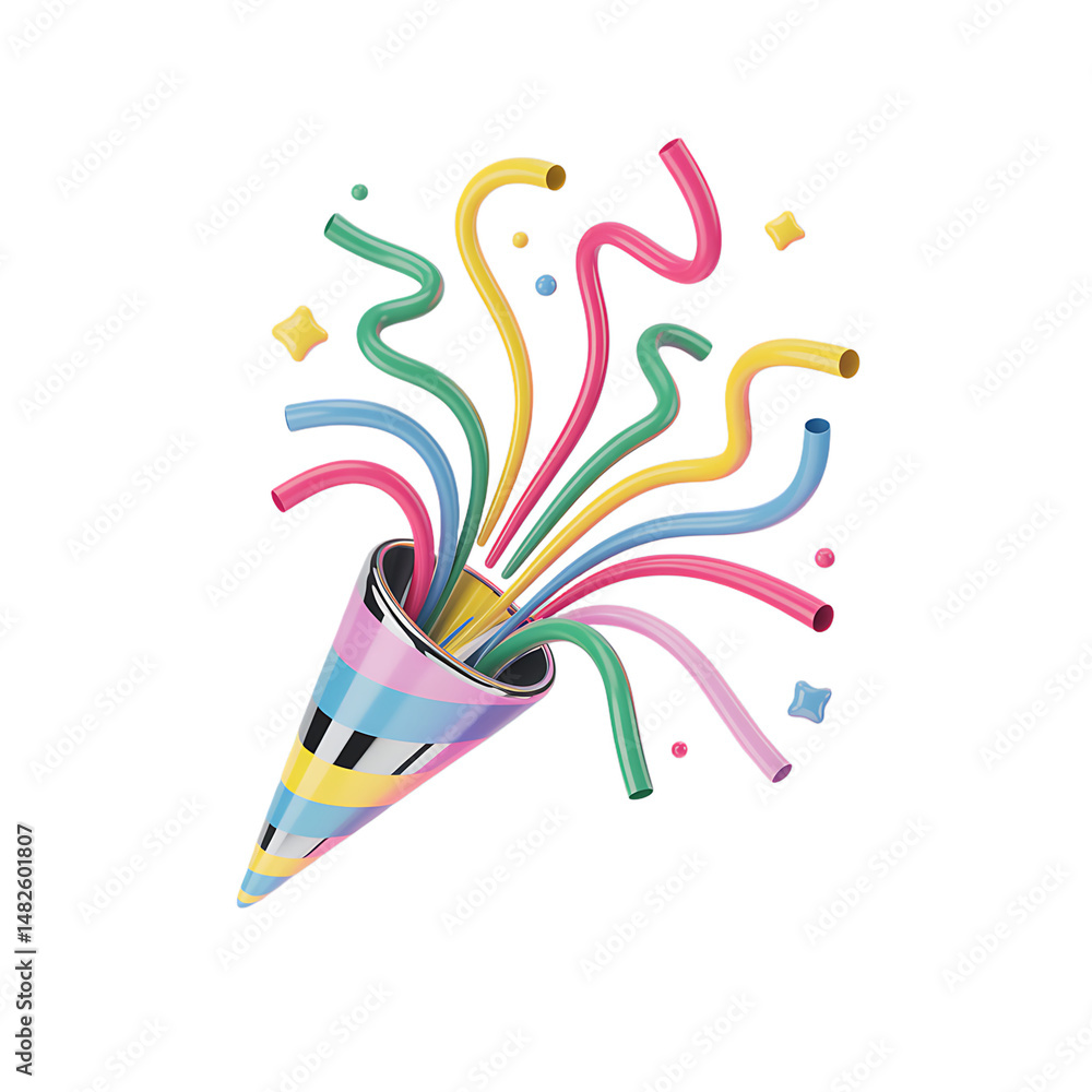 Fototapeta premium Festive party popper explosion colorful streamers burst vibrant on transparent background