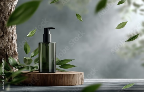 Natural Skincare Product on Wooden Surface Surrounded by Green Leaves in Soft...