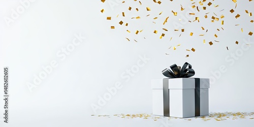 Elegant gift box with black ribbon and falling golden confetti on a white backdrop