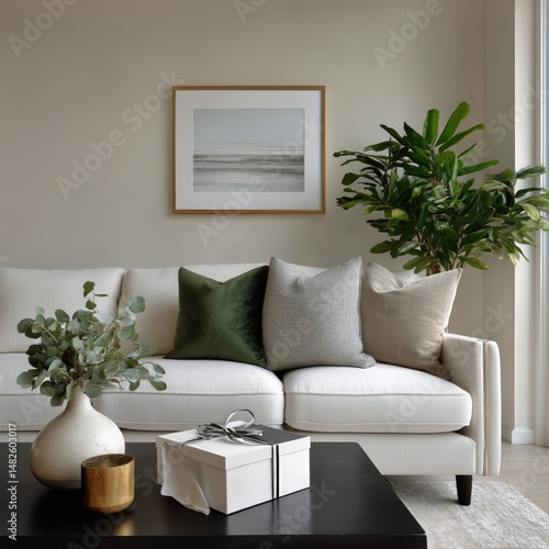 Cozy Living Room With Stylish Decor and Greenery Created for a Relaxing Atmos...