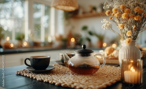 Warm Tea Setting With a Teapot, Cup, and Flowers in a Cozy Kitchen During the...