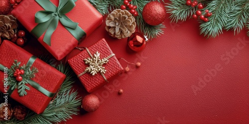 Festive Decorations With Red Gifts and Greenery for the Holiday Season