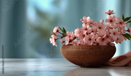 Beautiful Pink Flowers in a Woven Basket With a Bowl on a Marble Surface in a...