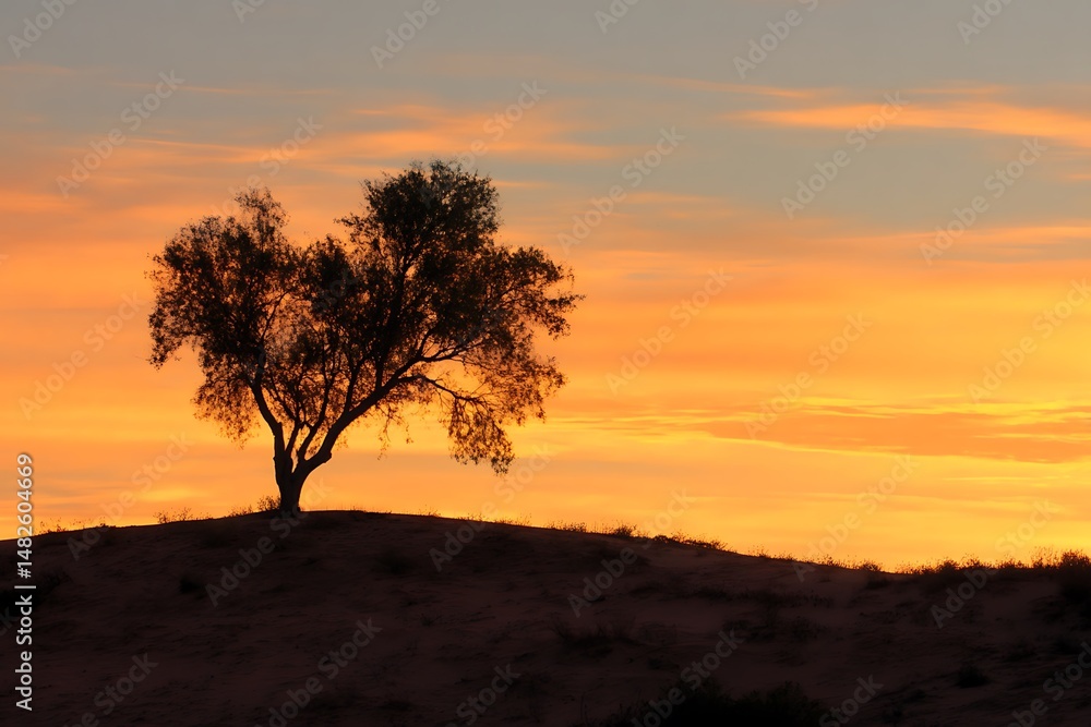 Obraz premium Tree silhouette alone on sandy hill at sunset ambiance