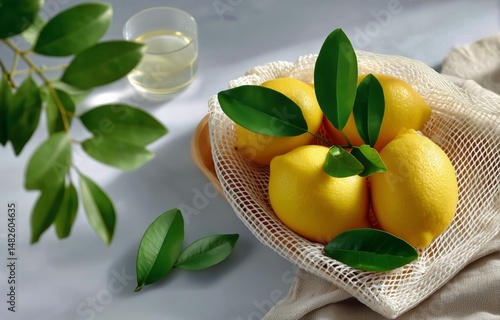 Fresh Lemons Arranged in a Bowl With Green Leaves on a Soft Cloth