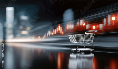Shopping Cart on a Busy Urban Street at Night With Blurred City Lights and Mo...