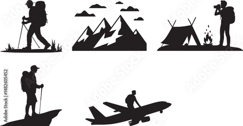 Silhouette illustrations of hiking traveling and camping adventures in the great outdoors