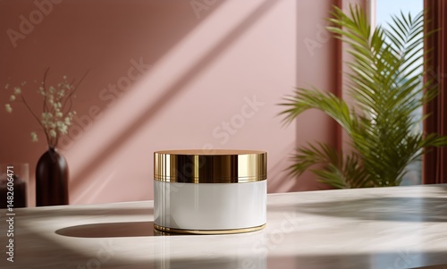 Elegant Container Rests on Marble Surface With Natural Light Illuminating the...