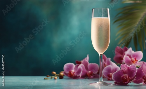 Elegant Glass of Sparkling Wine Alongside Pink Orchids in a Serene Setting