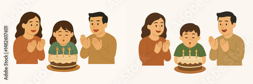 Collection of Boy blowing candles on birthday cake with Mom and Dad clapping hands style vector flat design