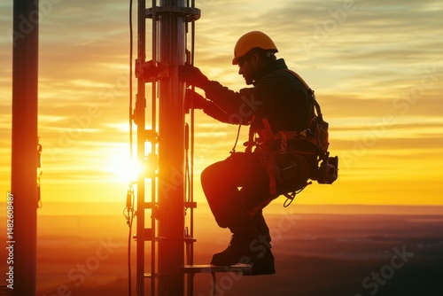 Technician Climbing Tower at Sunset with Safety Gear and Harness