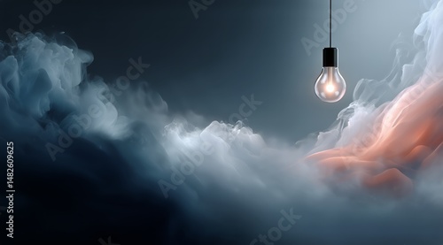 Light Bulb Hanging Over Fog in Dark Environment Creates Mysterious Atmosphere