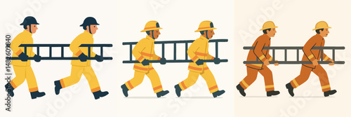 Collection of Firefighters rushing with ladder style vector flat design