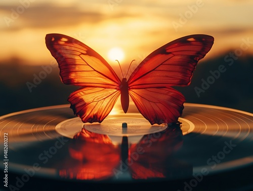 Beautiful orange butterfly sitting near water at sunset with vibrant colors and tranquil atmosphere