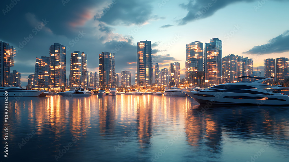 Fototapeta premium Boats resting on still water near sunset city skyline high resolution picture