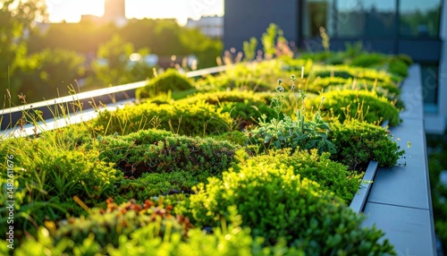Lush rooftop garden landscape creating a vibrant green aesthetic scene outdoor